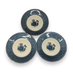Vintage Currier & Ives Royal China “Steamboat” 6” Saucer Plate Set 3 Blue/White